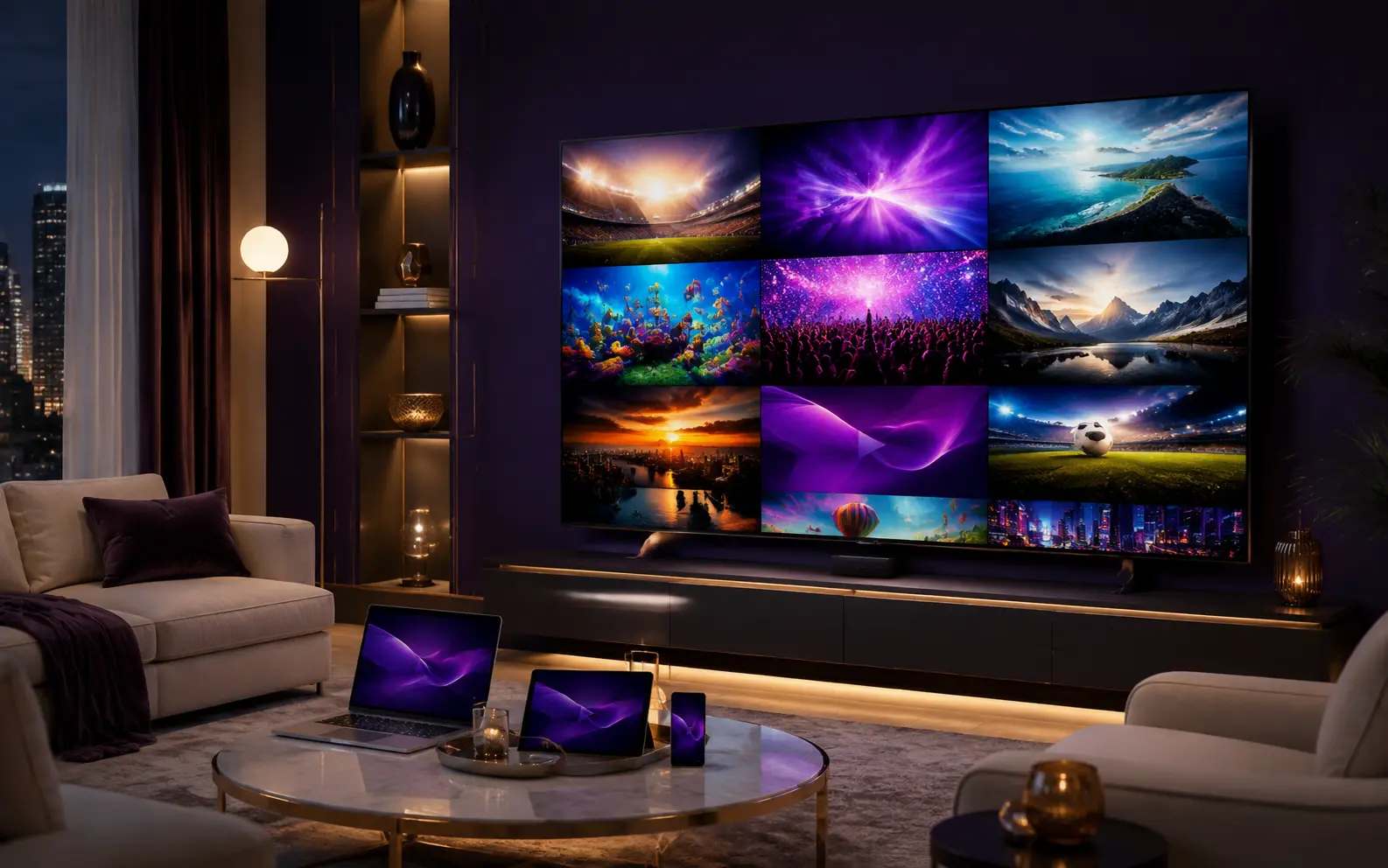 Premium living room with a large television and multi-device streaming setup